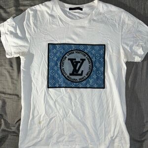 Louis Vuitton White Tee with Blue Monogram Patch